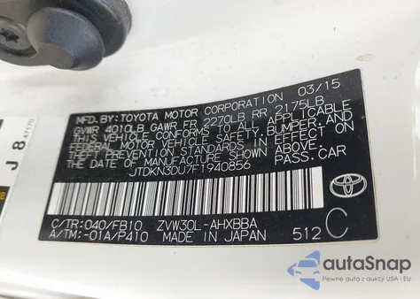 2015 Toyota Prius One from USA, damaged, VIN JTDKN3DU7F1940856